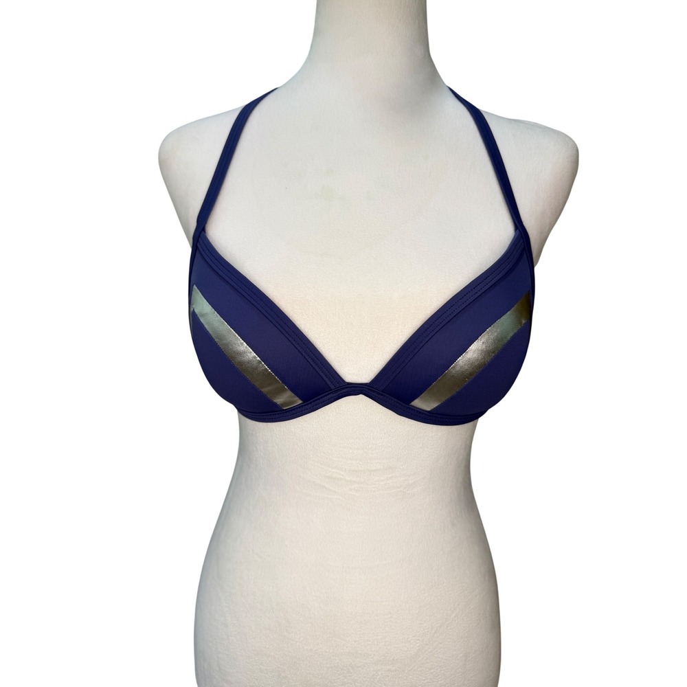 Victorias Secret PINK Bikini Top Navy Blue Silver Metallic Stripe Triangle Small